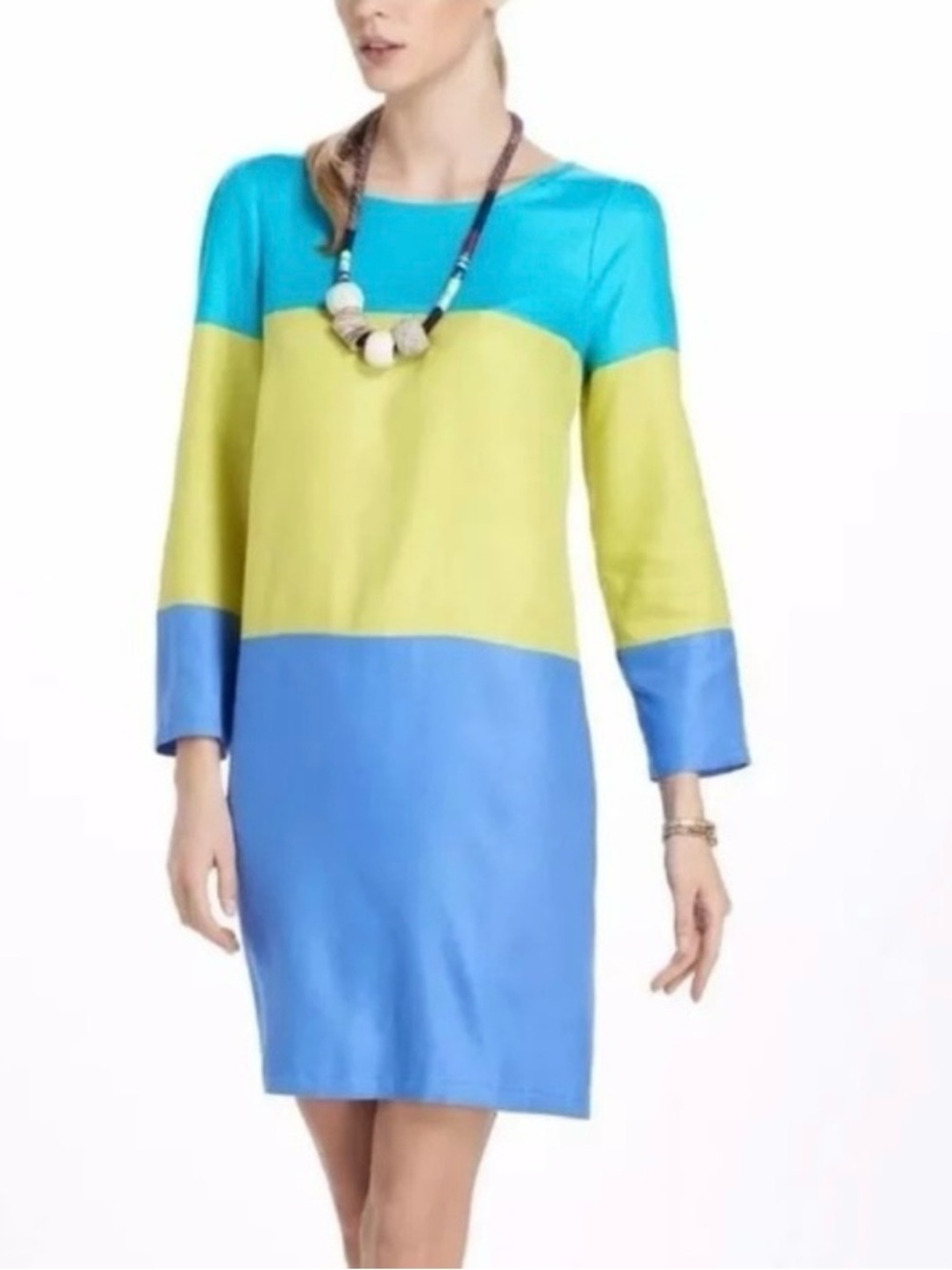 Maeve Colorblock Long Sleeve Shift Dress in Teal, Yellow & Blue